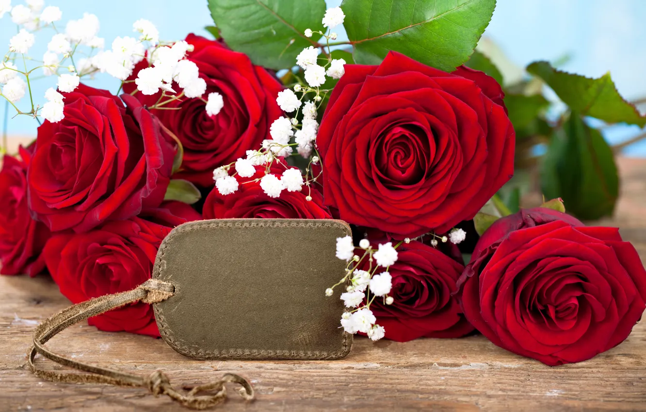 Фото обои розы, букет, бутоны, гипсофила