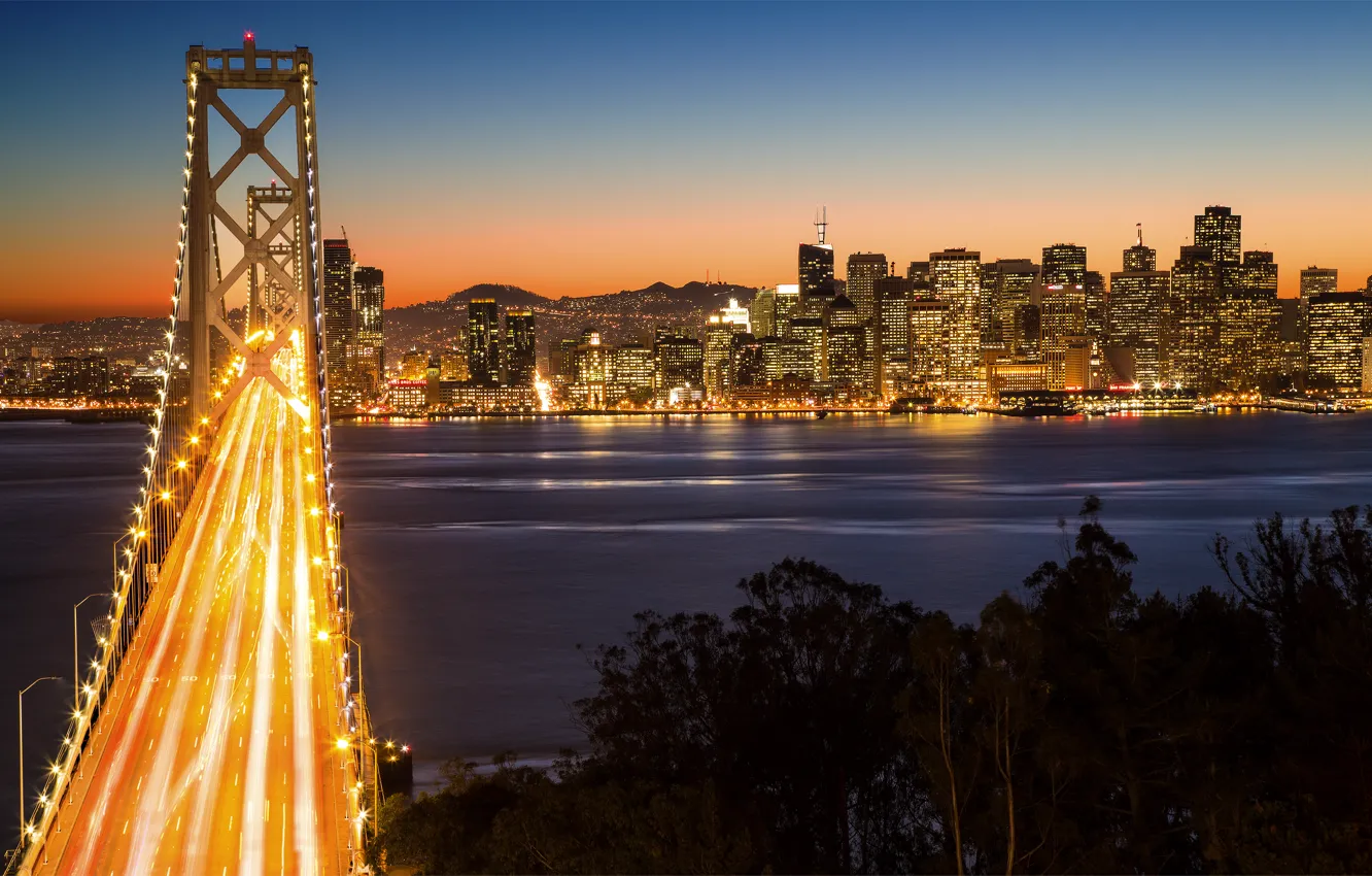 Фото обои горы, ночь, мост, город, огни, рассвет, мегаполис, San Francisco