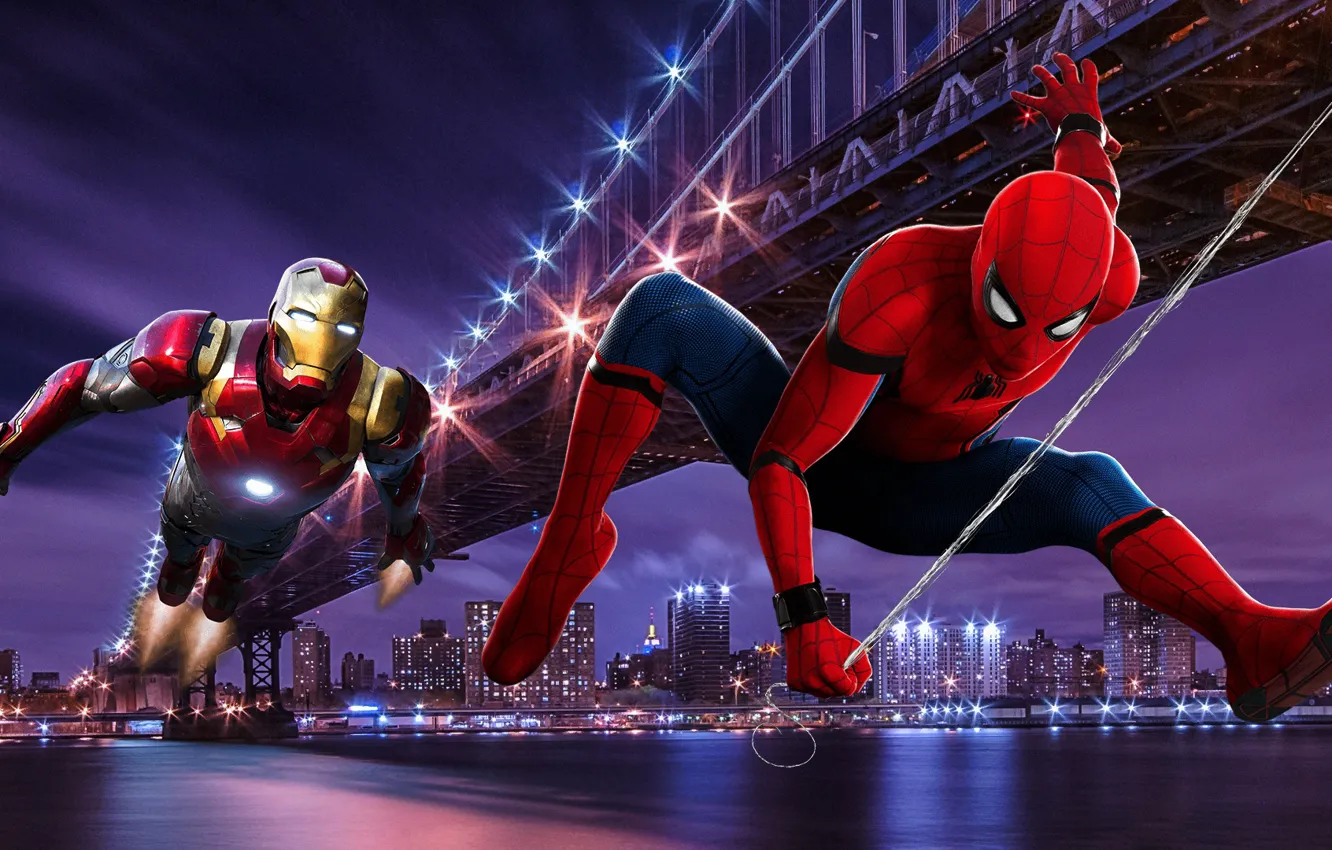 Фото обои Bridge, New York, Night, Iron Man, Tony Stark, Peter Parker, Spider Man