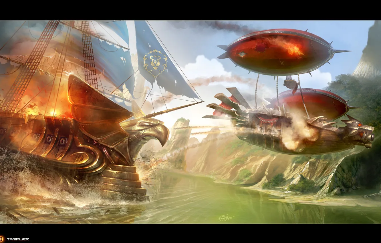 Фото обои огонь, корабль, дирижабль, Альянс, wow, world of warcraft, Орда, opposition
