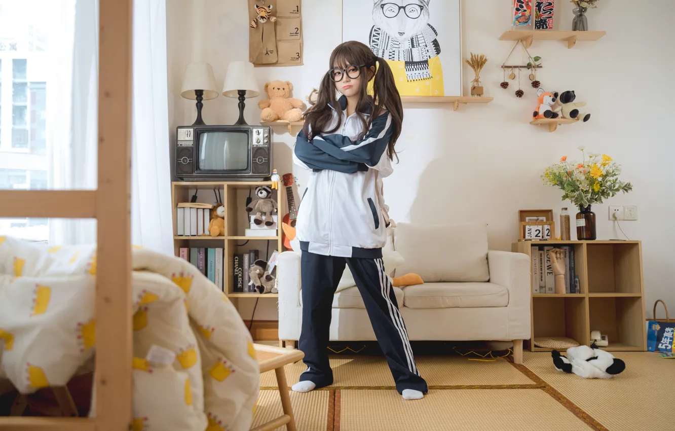 Фото обои Asian, glasses, black hair, white bra, white socks, on the floor