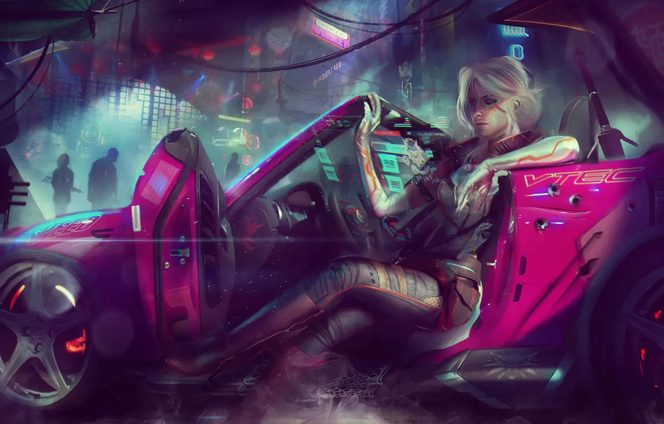 Фото обои девушка, город, фантастика, автомобиль, ведьмак, art, cyberpunk 2077, Cirilla Fiona Elen Riannon