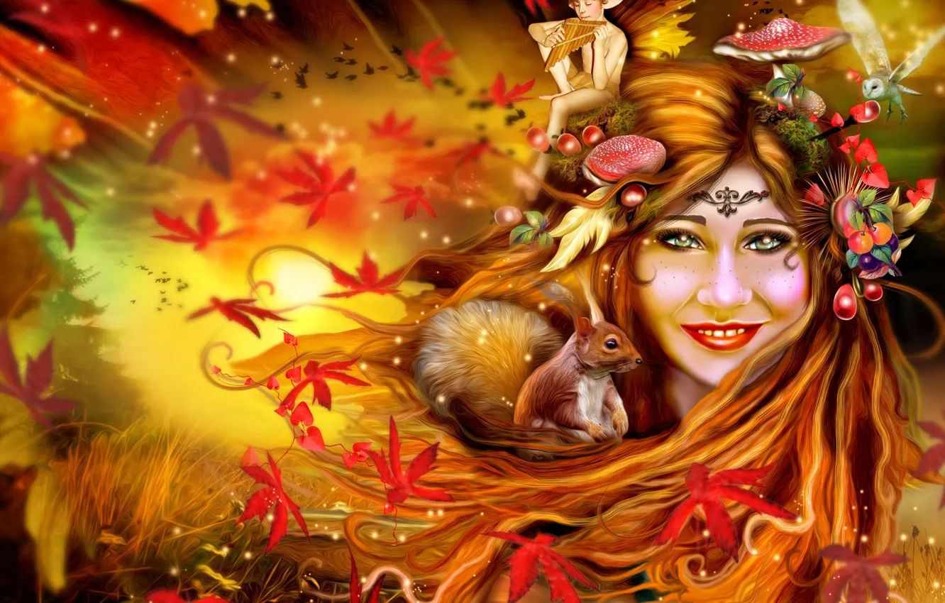 Фото обои осень, листья, девушка, сова, эльф, грибы, белка