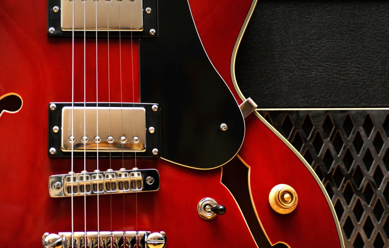 Фото обои макро, струны, электрогитара, Gibson 335
