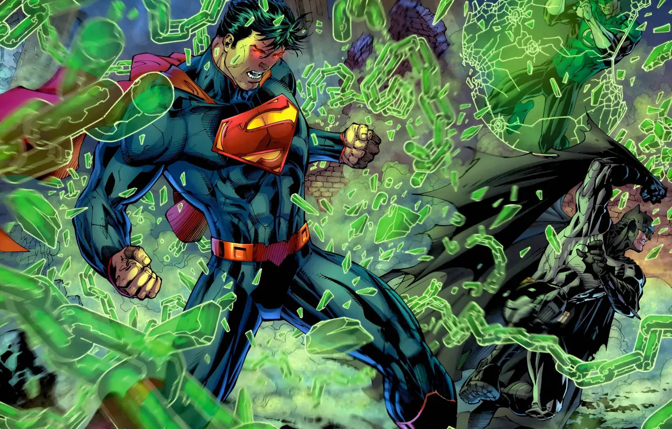 Фото обои Супермен, зеленый фонарь, драка.злость
