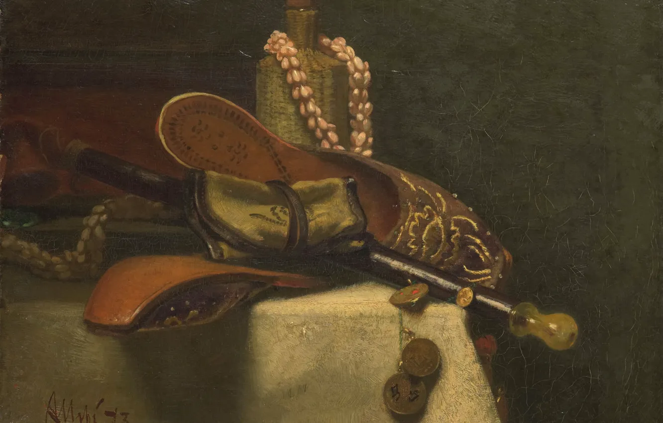 Фото обои масло, картина, холст, 1873, Август Аллебе, August Allebe, Натюрморт с восточными тапочками