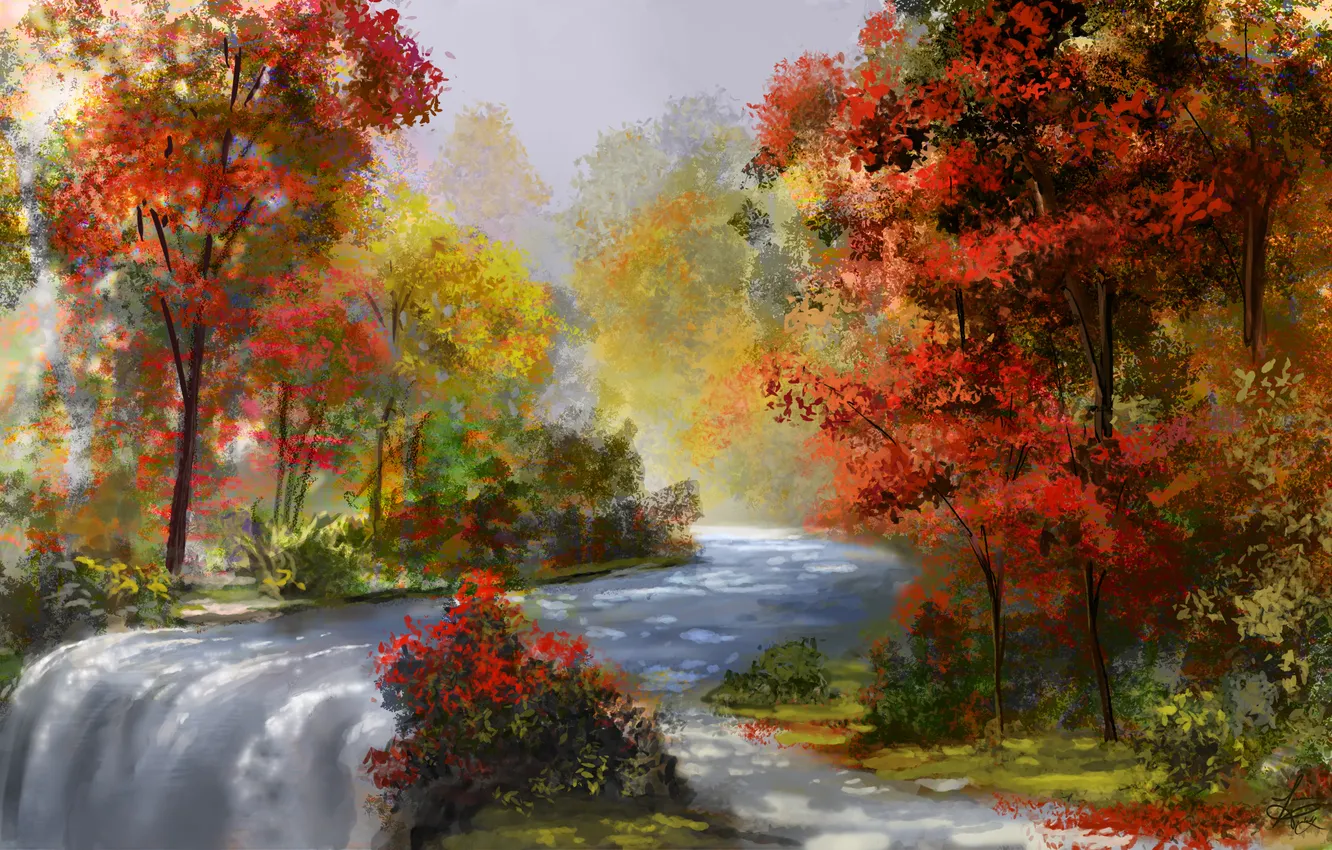 Фото обои осень, вода, деревья, река, поток, art
