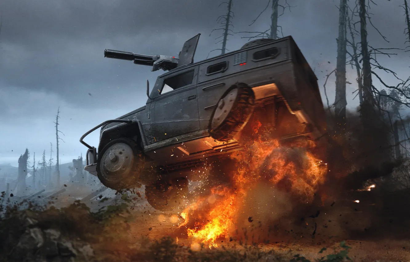 Фото обои взрыв, огонь, автомобиль, орудие, game concepts