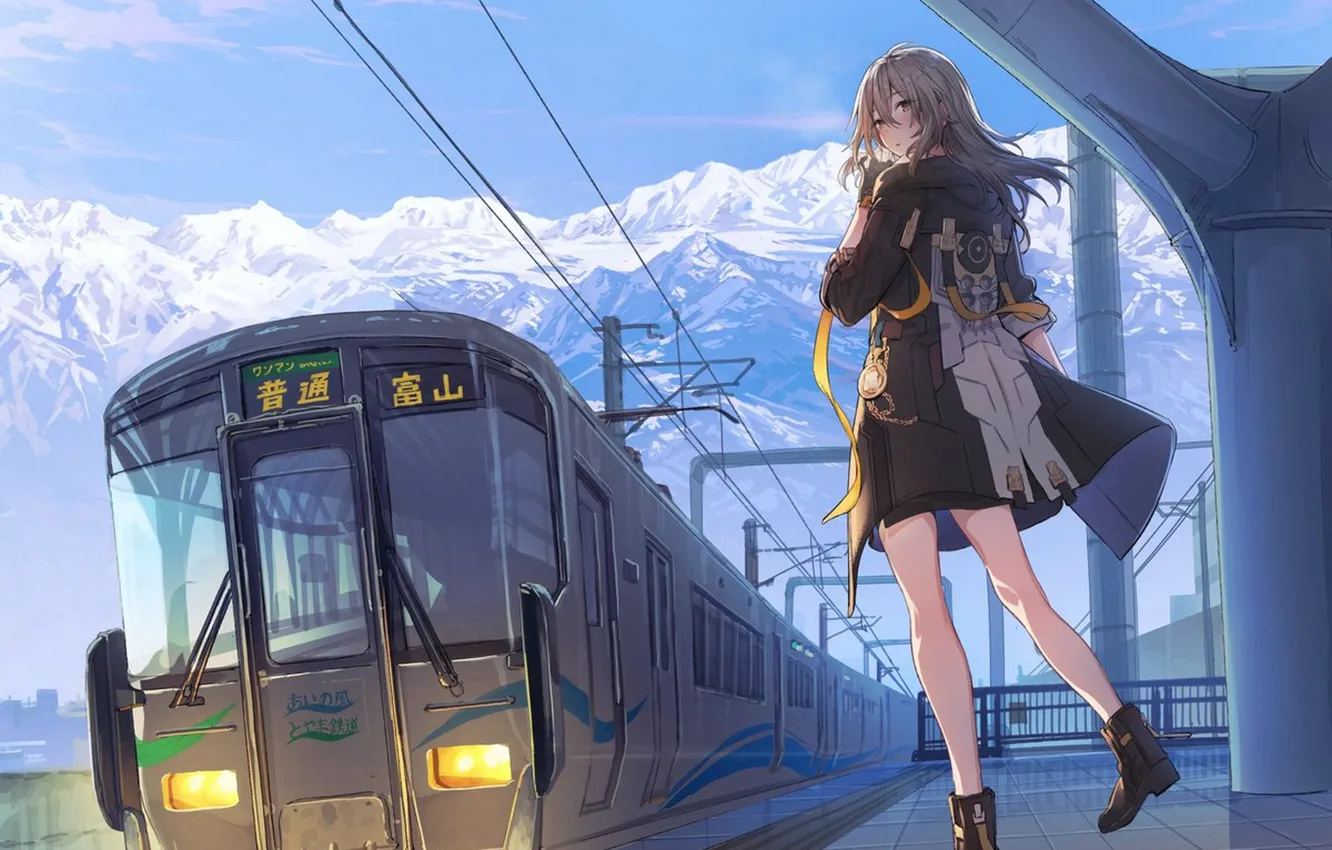 Фото обои девушка, горы, поезд, trail, перон, Honkai Star Rail, Female Trailblazer, Хонкай Стар Рейл