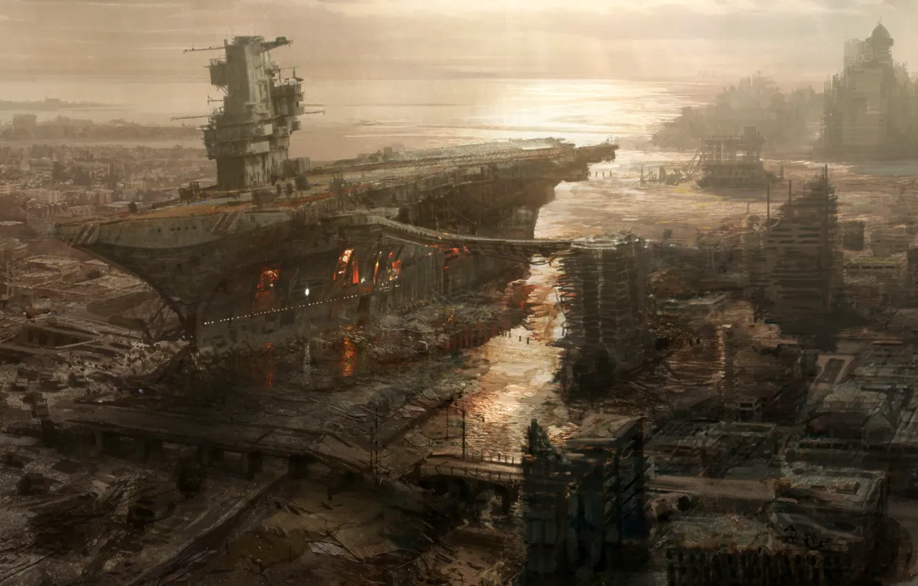 Фото обои город, рисунок, корабль, разрушение, авианосец