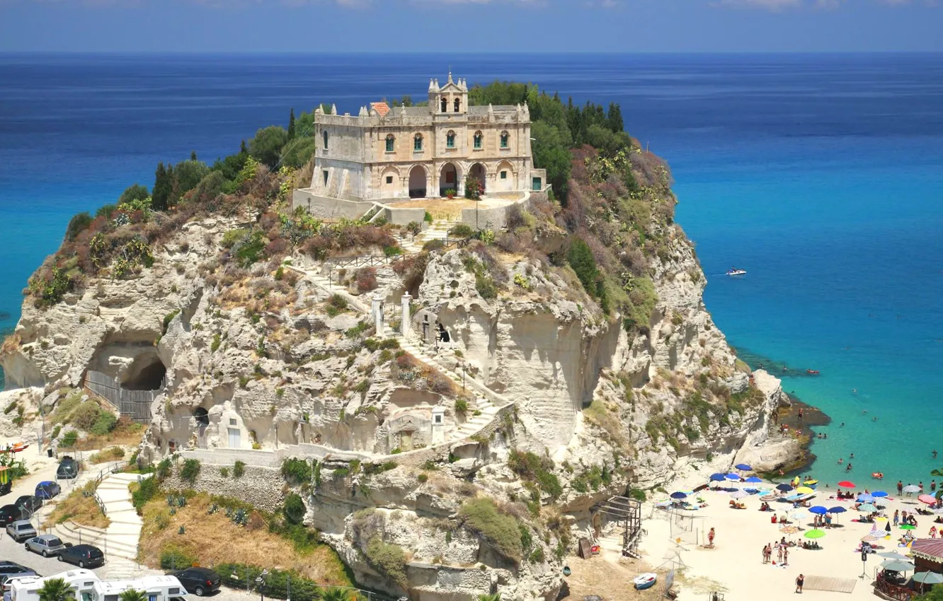 Фото обои море, скалы, Италия, Тропеа, Santa Maria dell Isola