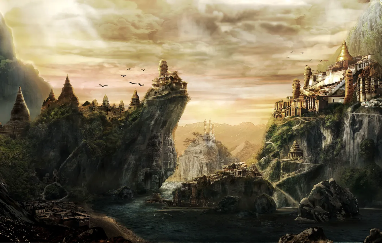 Фото обои город, скалы, птица, залив