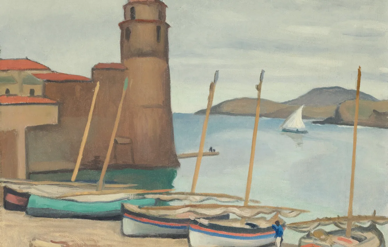 Фото обои лодка, картина, Albert Marquet, Альбер Марке, Маяк в Коллиуре