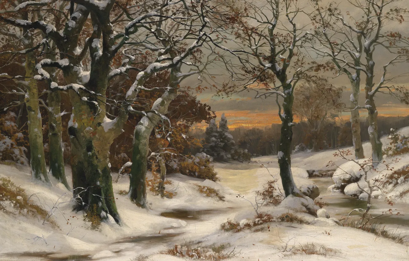 Фото обои Alois Arnegger, австрийский живописец, Austrian landscape painter, oil on canvas, Алоис Арнеггер, Winterwald im Abendrot, …