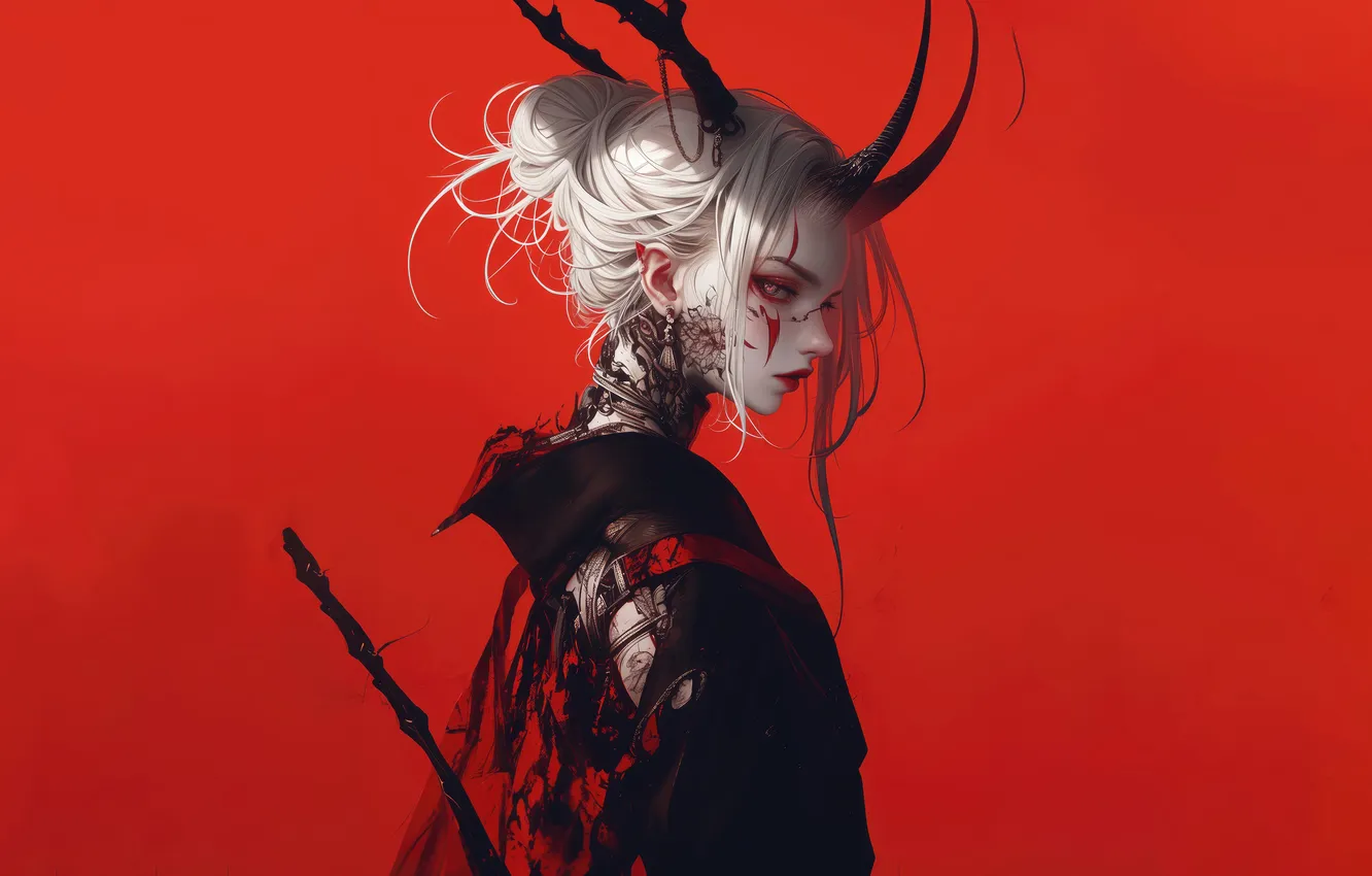 Фото обои Anime, Tattoo, White Hair, Horn, Red Background, Anime Girl