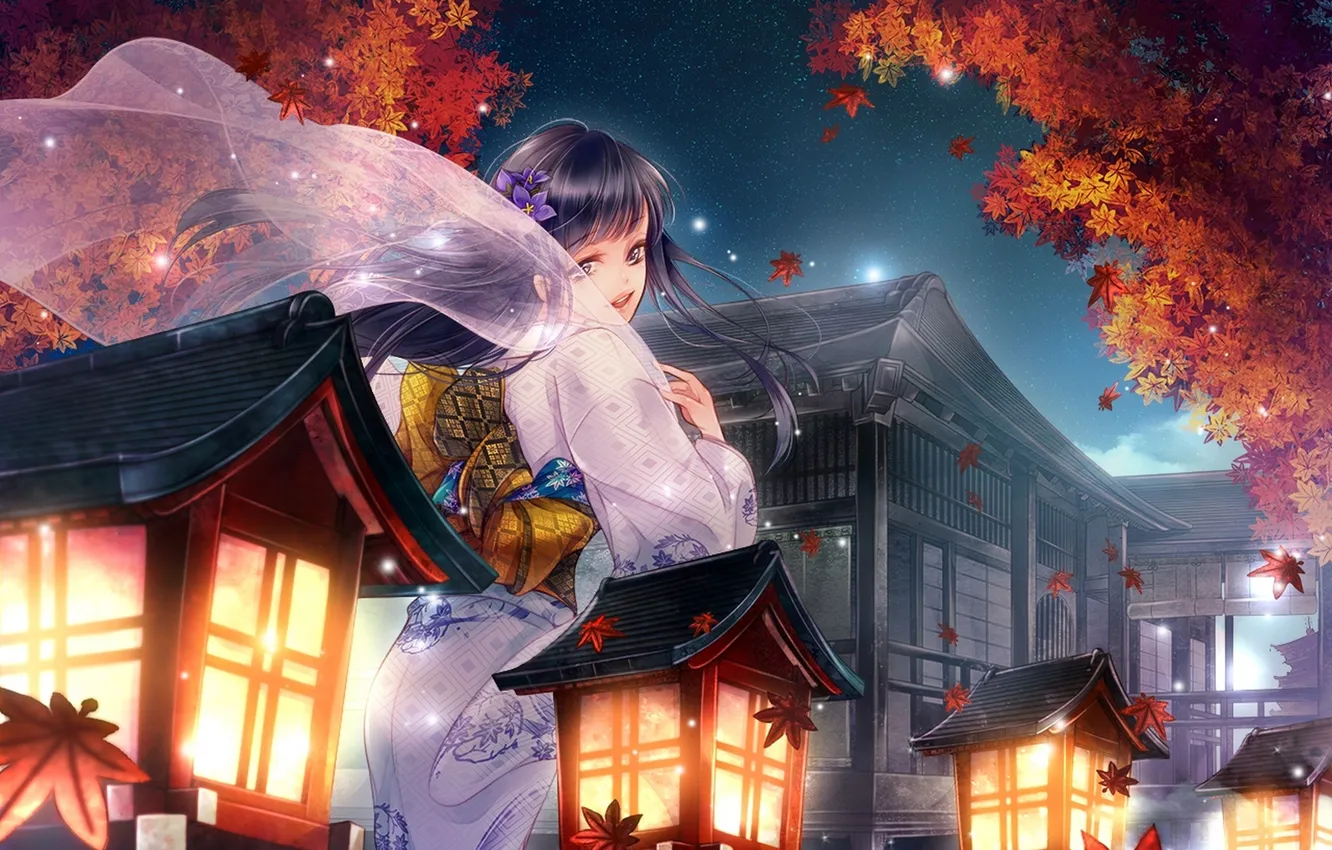 Фото обои листья, девушка, звезды, ночь, дома, аниме, арт, кимоно