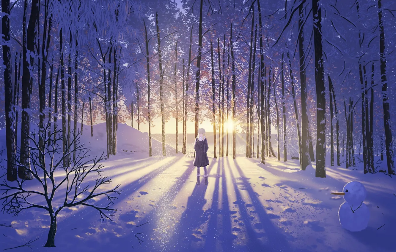 Фото обои зима, девушка, солнце, снег, деревья, закат, аниме, арт