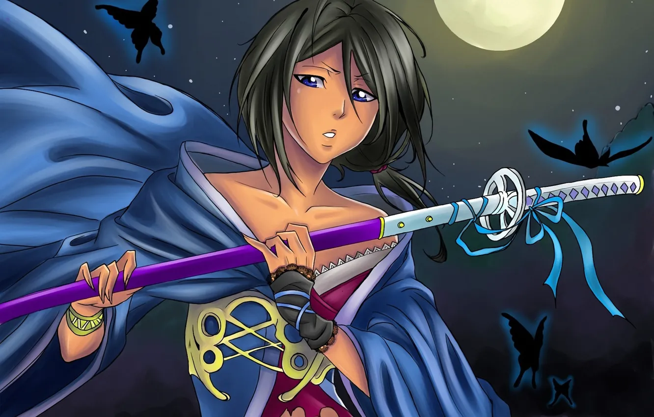 Фото обои девушка, ночь, луна, бабочка, меч, катана, Bleach, kuchiki rukia