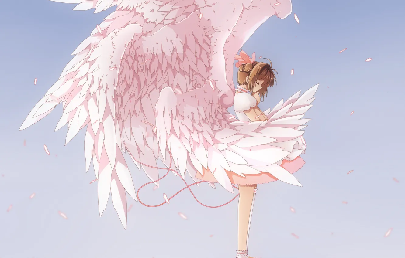 Фото обои небо, крылья, ангел, аниме, арт, девочка, Card Captor Sakura, Сакура - собирательница карт