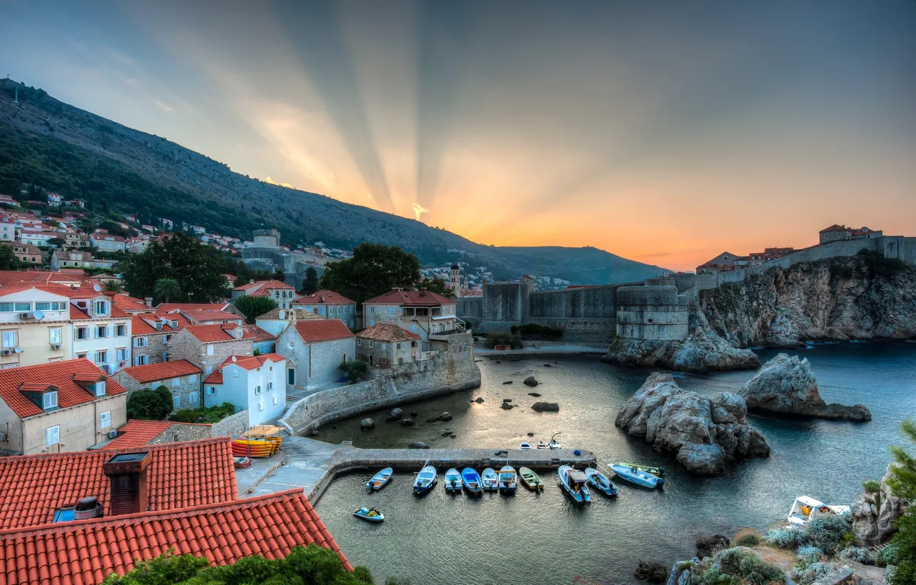 Фото обои пейзаж, восход, бухта, панорама, катера, Хорватия, Croatia, Дубровник
