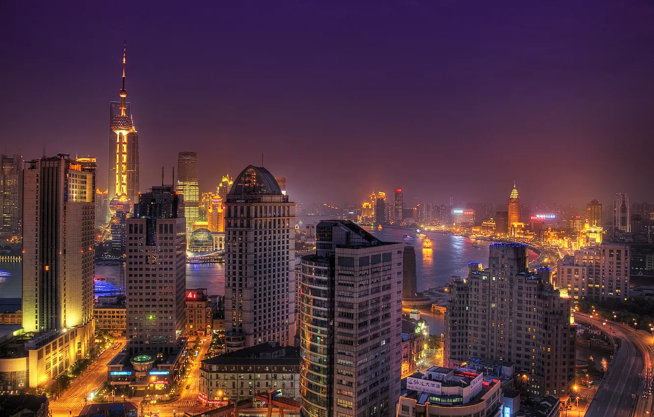 Фото обои город, огни, китай, азия, шанхай