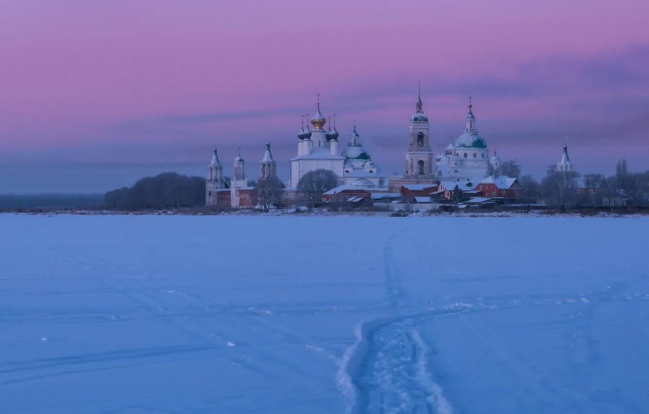Фото обои зима, снег, рассвет, утро, Россия, монастырь, храмы, церкви
