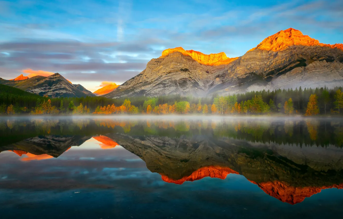 Фото обои осень, горы, природа, туман, горное озеро