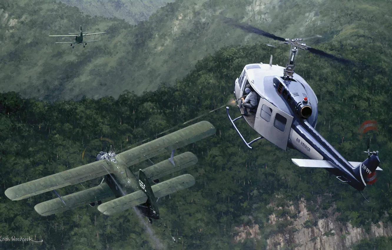 Фото обои война, рисунок, джунгли, Вьетнам, кукурузник, стрелок, Ан-2, Air America
