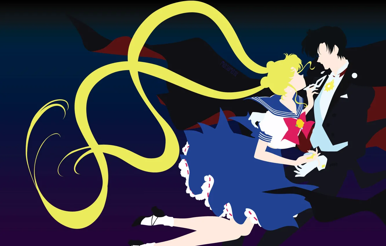 Фото обои девушка, романтика, пара, парень, двое, чёрный фон, Sailor Moon