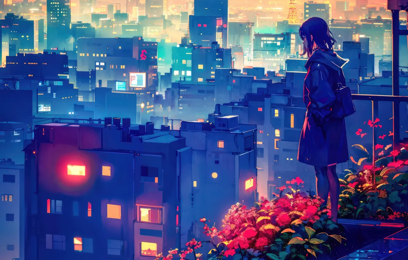Фото обои city, lights, girl, anime, urban, isolation