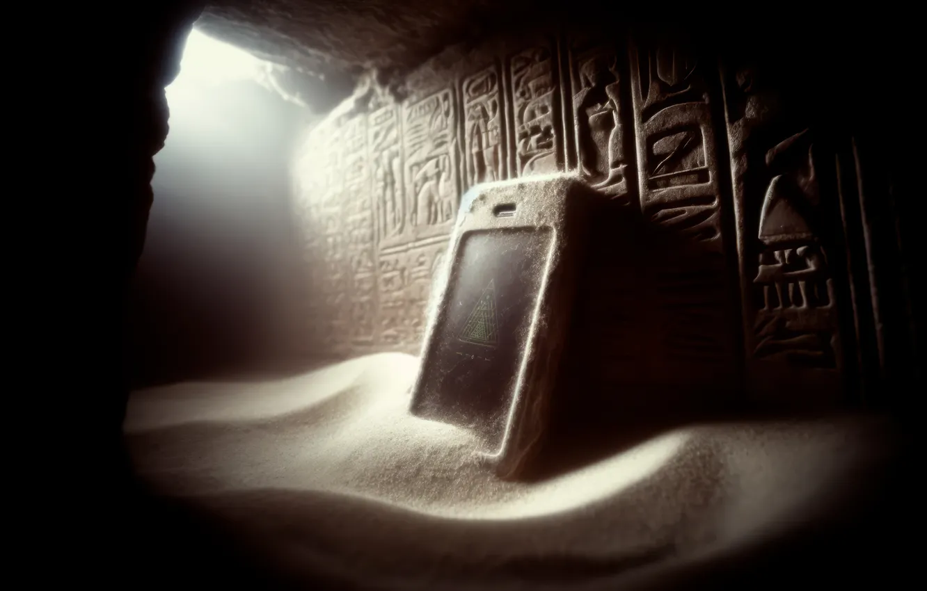 Фото обои science fiction, sand, ancient, pyramid, cellphone, AI art