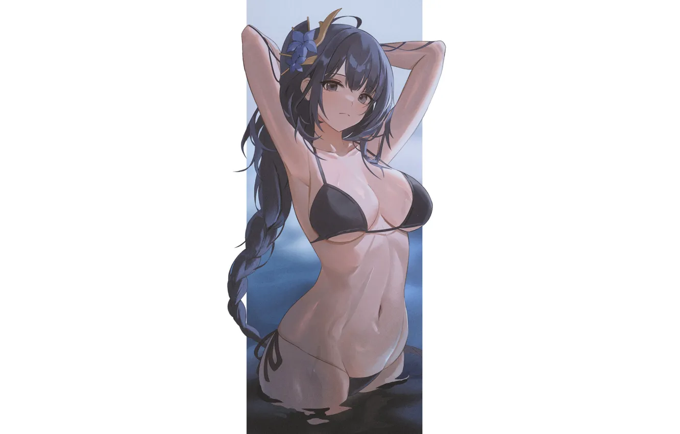 Фото обои girl, sexy, wet, boobs, anime, water, ponytail, pretty