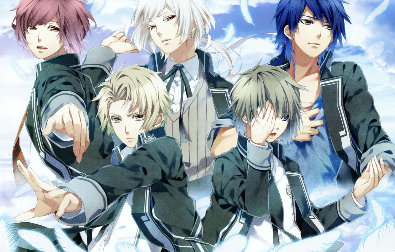 Фото обои небо, перья, форма, друзья, студенты, visual novel, norn9, nijou sakuya