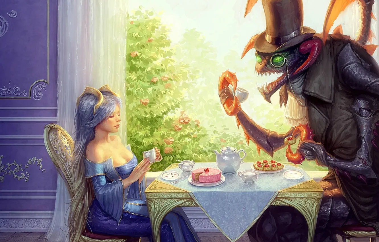 Фото обои стол, жук, окно, Алиса, чаепитие, Alice, Mad Hatter, Безумный Шляпник