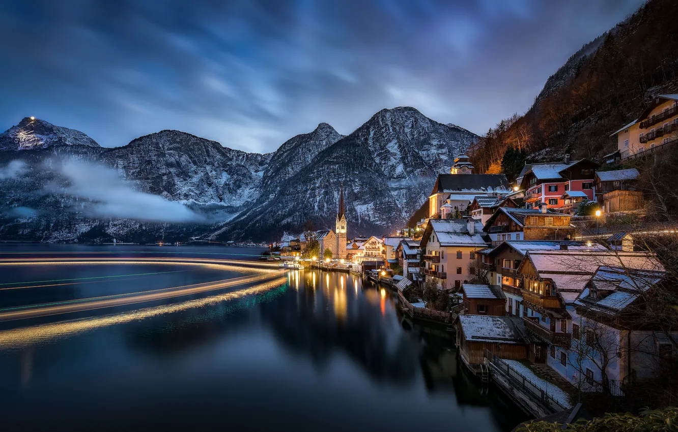 Фото обои пейзаж, горы, ночь, озеро, дома, Австрия, Альпы, Austria