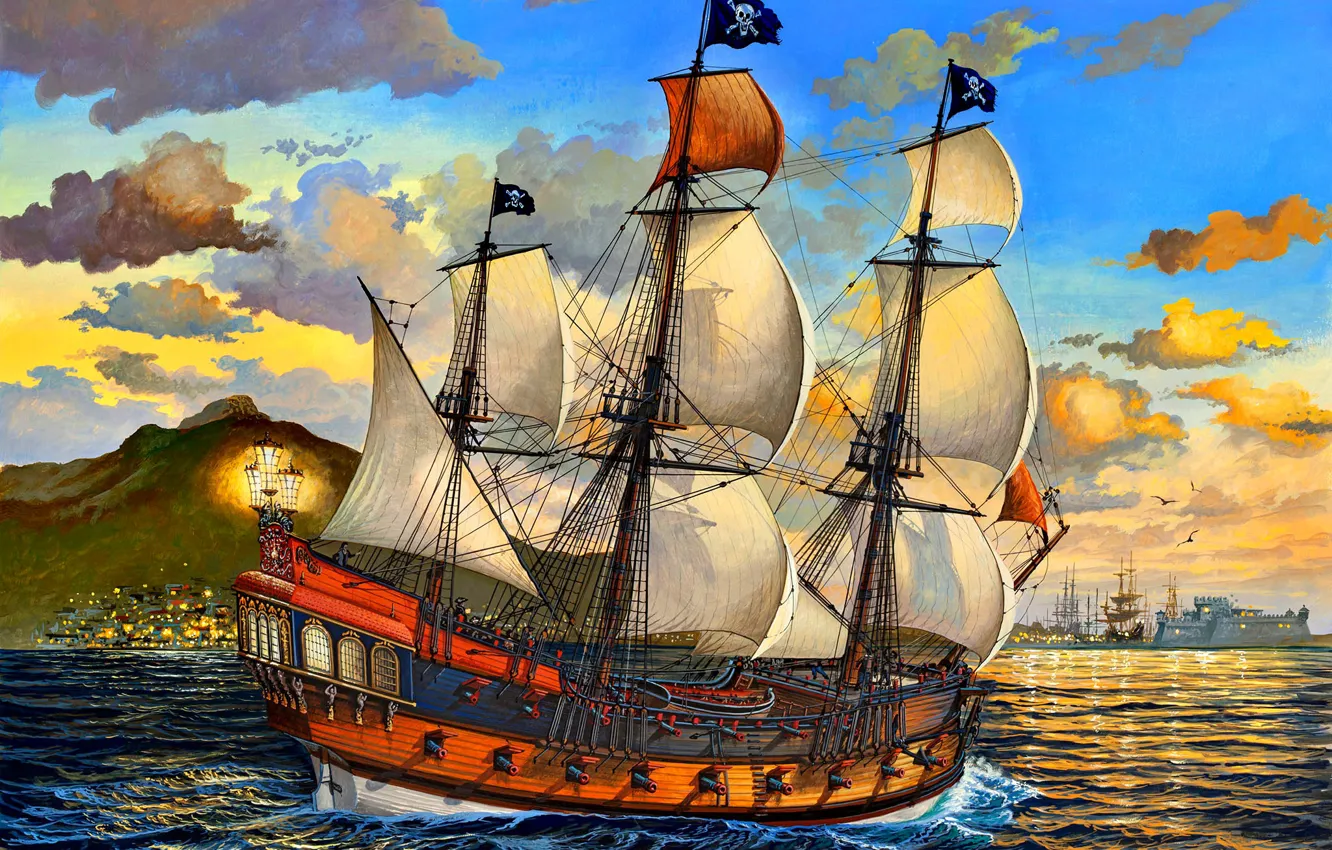 Фото обои море, рисунок, корабль, паруса, пираты, веселый роджер, Парусный