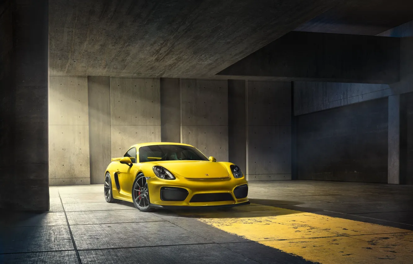 Фото обои Porsche, Cayman, Front, Yellow, Parking, Supercar, GT4, 2015