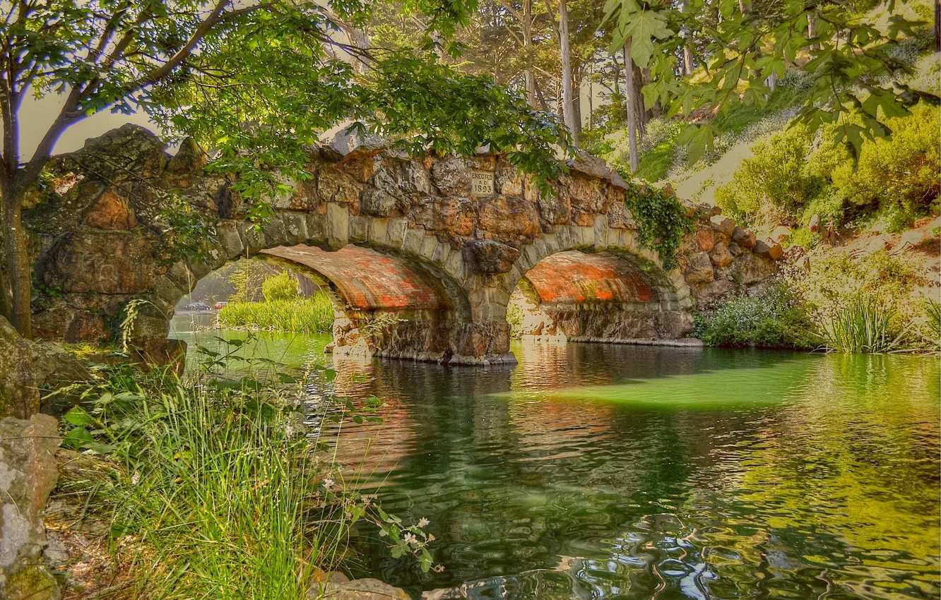 Фото обои деревья, мост, река, листва, берега, каменный