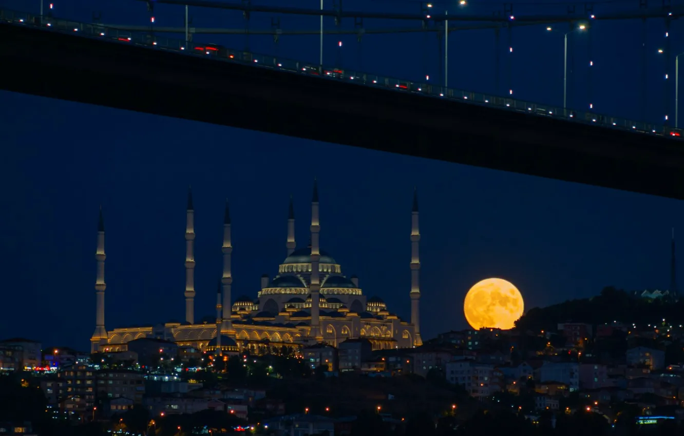 Фото обои ночь, Стамбул, Босфор