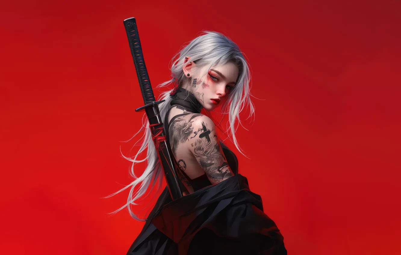 Фото обои Girl, Tattoo, Katana, Horn, Red Background, Anime Girl, AI Generated
