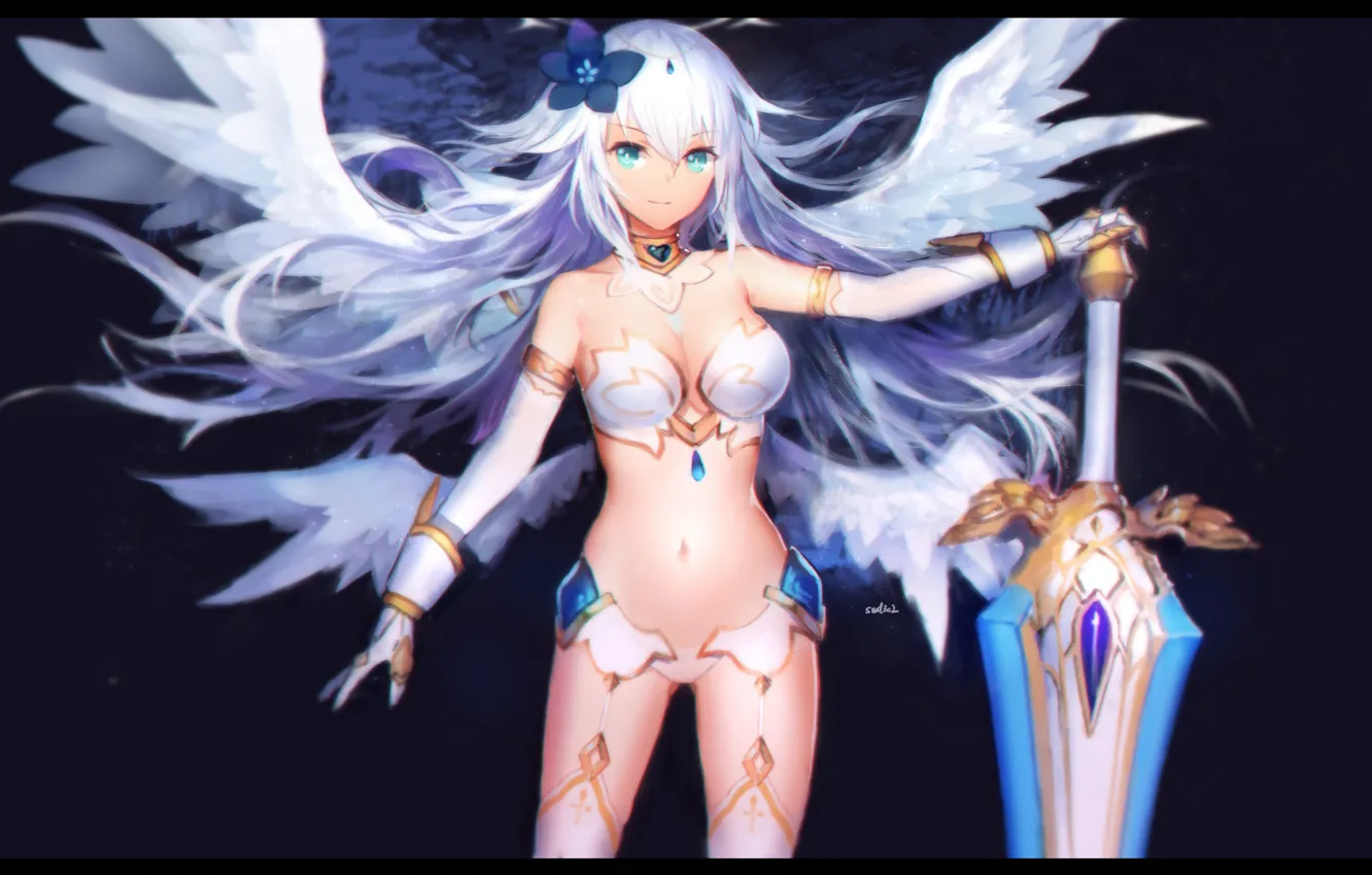 Фото обои девушка, улыбка, оружие, крылья, меч, аниме, арт, hyperdimension neptunia