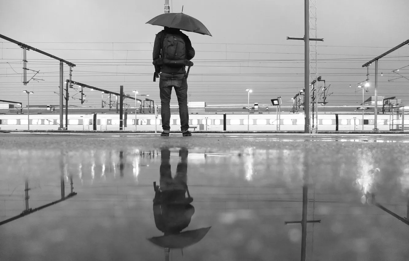 Фото обои отражение, спина, джинсы, зонт, зеркало, лужа, мужчина, рюкзак