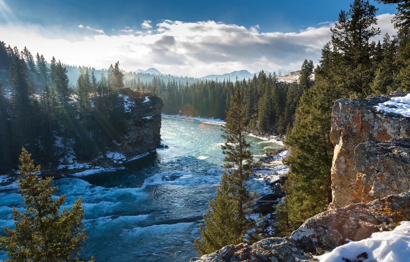 Фото обои зима, деревья, горы, скалы, Канада, Альберта, Alberta, Canada