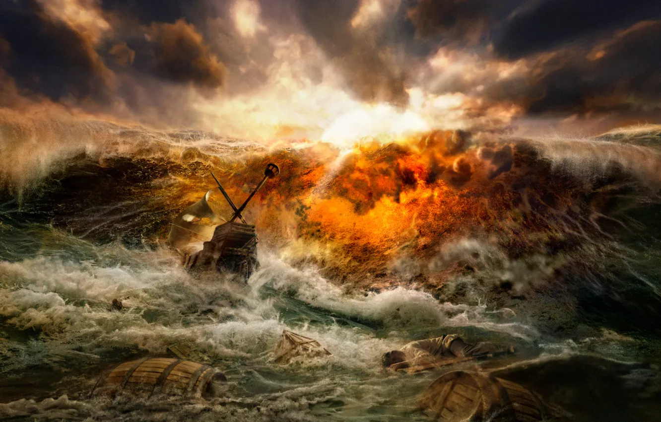 Фото обои волны, буря, кораблекрушение