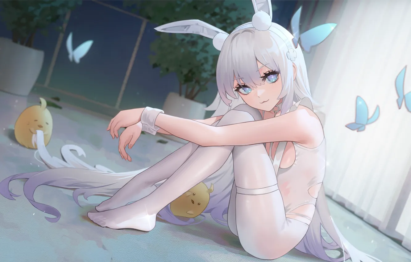 Фото обои девушка, бабочки, цыплята, ушки, Azur Lane, Manjuu, Le Malin