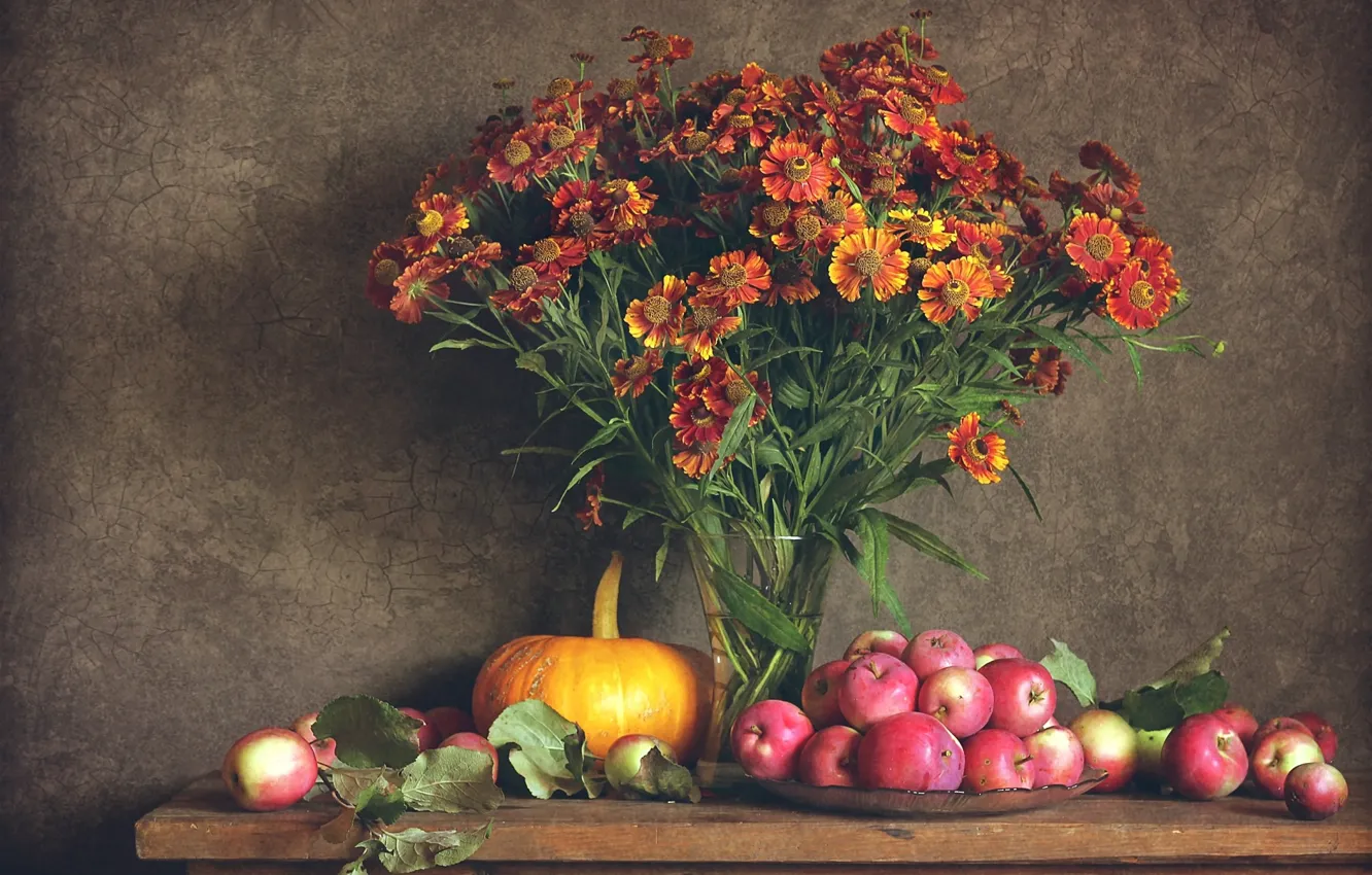 Фото обои цветы, яблоки, букет, тыква, натюрморт