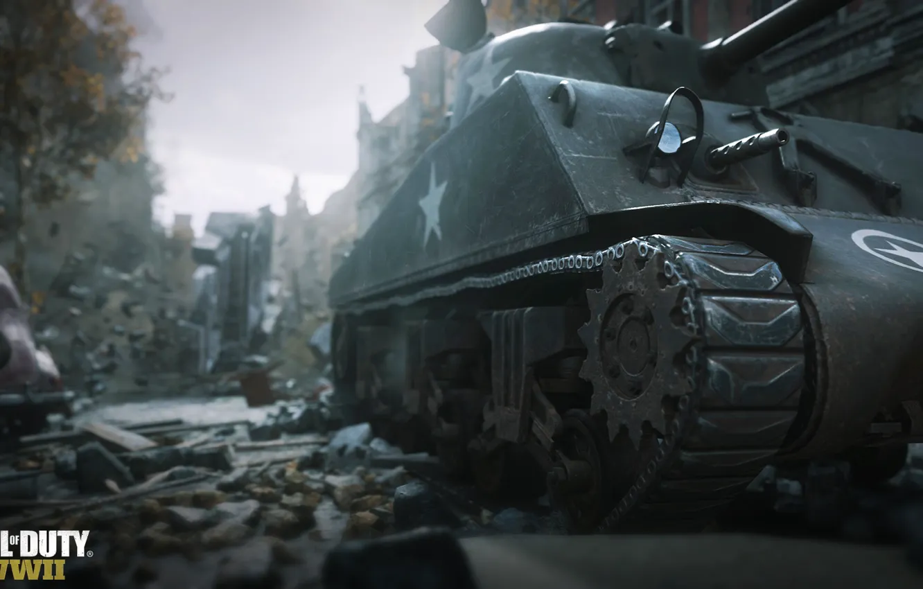 Фото обои Call of Duty, Tank, Building, World War 2, WW2, Tracks, Ruins, COD 2017