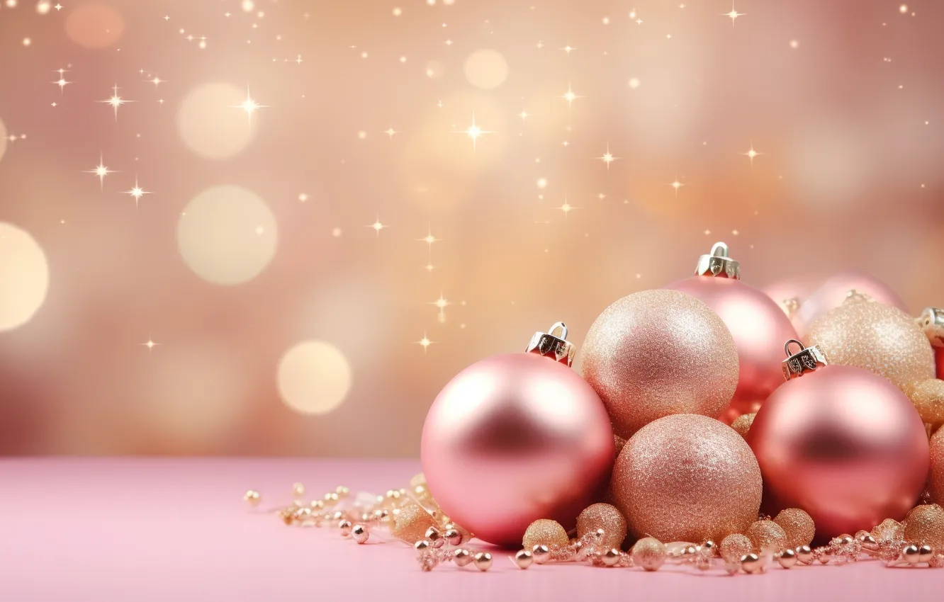 Фото обои украшения, фон, розовый, шары, Новый Год, Рождество, golden, new year