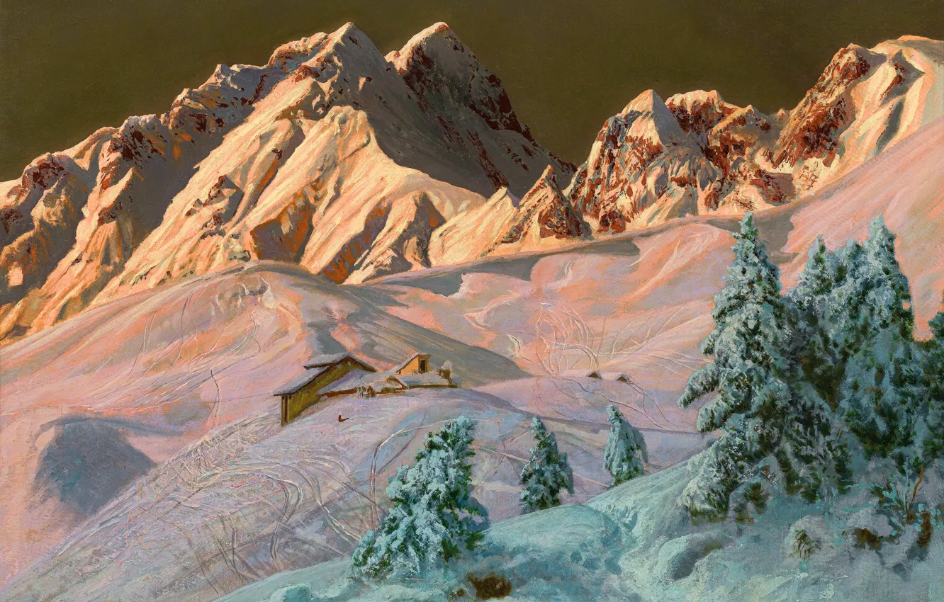 Фото обои Горы, Снег, Следы, Картина, Alois Arnegger, Ели, Алоис Арнеггер, Австрийский живописец