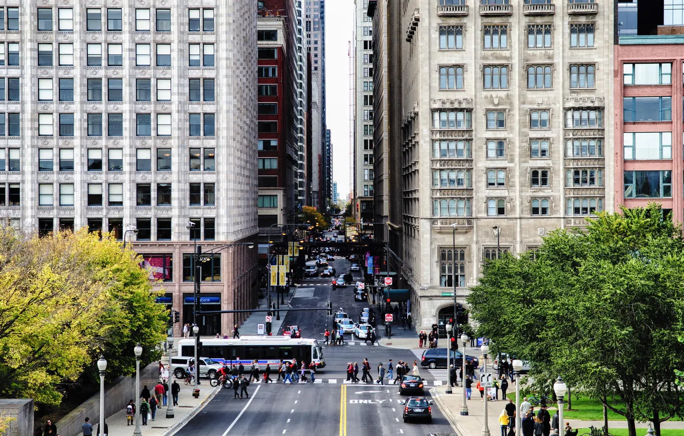 Фото обои Улица, Чикаго, Движение, Небоскребы, Здания, Америка, Иллинойс, Chicago